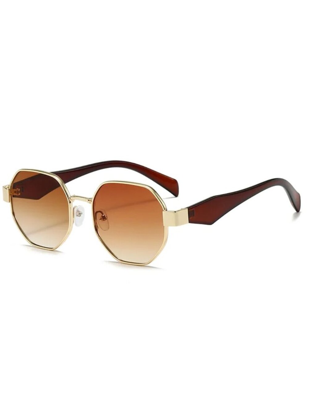Unisex Vintage Style Octagonal Gold Frame Sunglasses W/ Gradient Tea Brown Lense
